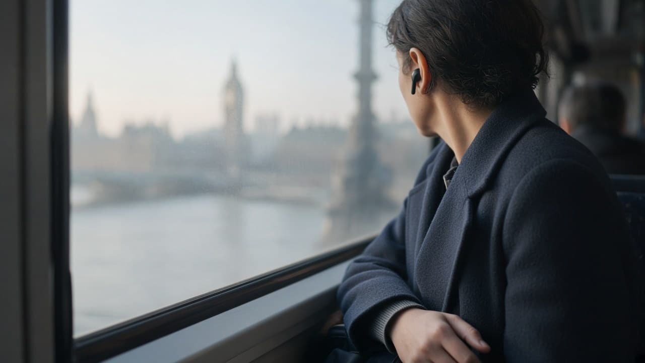 CommuterSeal Pro earbuds in an illustrative UK carriage commute scene